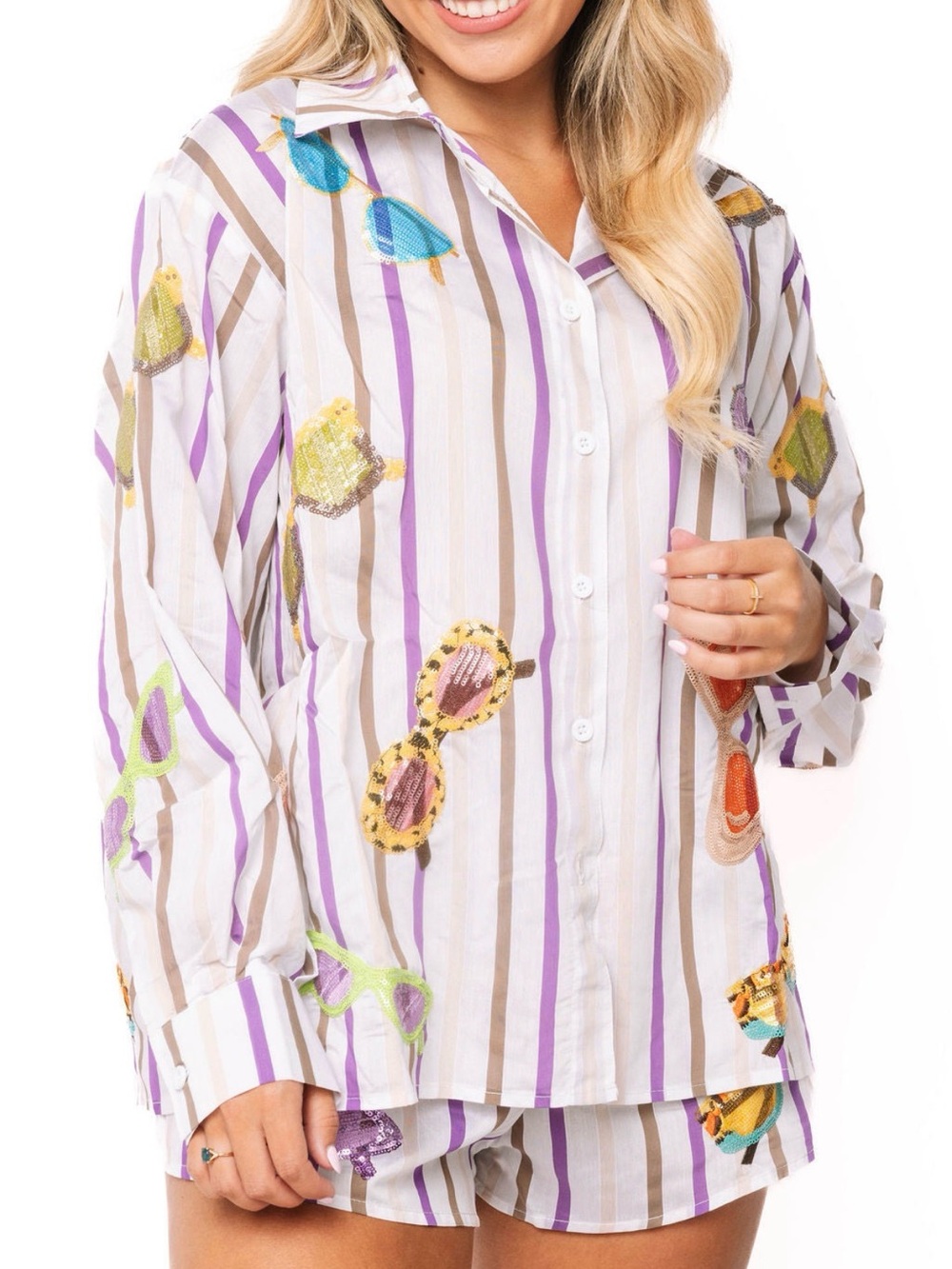 QUEEN OF SPARKLES Multicolor Striped Shirt with Sunglasses Embellishments